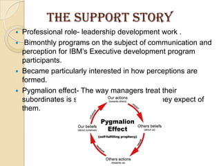 THE SUPPORT STORYProfessional role- leadership development work . Bimonthly programs on the subject of communication and perception for IBM’s Executive development program participants.Became particularly interested in how perceptions are formed.Pygmalion effect- The way managers treat their subordinates is subtly influenced by what they expect of them.