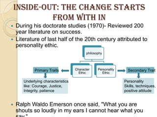 INSIDE-OUT: THE CHANGE STARTS FROM WITH INDuring his doctorate studies (1970)- Reviewed 200 year literature on success.Literature of last half of the 20th century attributed to personality ethic.Ralph Waldo Emerson once said, "What you are shouts so loudly in my ears I cannot hear what you say."Primary TraitsSecondary TraitPersonalitySkills, techniques, positive attitudeUnderlying characteristics like: Courage, Justice, Integrity, patience