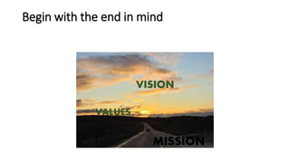 Begin with the end in mind
VISION
VALUES
MISSION
 