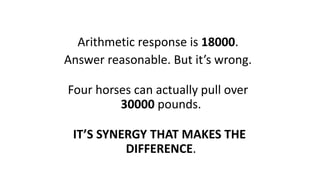 Arithmetic response is 18000.
Answer reasonable. But it’s wrong.
Four horses can actually pull over
30000 pounds.
IT’S SYNERGY THAT MAKES THE
DIFFERENCE.
 
