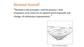 Renewal Yourself
“Renewal is the principle—and the process—that
empowers us to move on an upward spiral of growth and
change, of continuous improvement. "
 