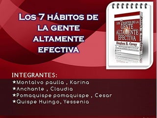 INTEGRANTES:
Montalvo paulla , Karina
Anchante , Claudia
Pomaquispe pomaquispe , Cesar
Quispe Huingo, Yessenia
 
