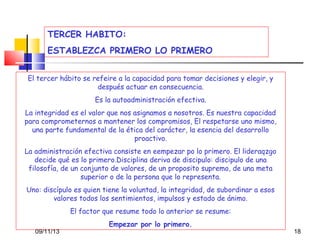 TERCER HABITO:
ESTABLEZCA PRIMERO LO PRIMERO
El tercer hábito se refeire a la capacidad para tomar decisiones y elegir, y
después actuar en consecuencia.
Es la autoadministración efectiva.
La integridad es el valor que nos asignamos a nosotros. Es nuestra capacidad
para comprometernos a mantener los compromisos, El respetarse uno mismo,
una parte fundamental de la ética del carácter, la esencia del desarrollo
proactivo.
La administración efectiva consiste en eempezar po lo primero. El lideraqzgo
decide qué es lo primero.Disciplina deriva de discipulo: discipulo de una
filosofía, de un conjunto de valores, de un proposito supremo, de una meta
superior o de la persona que lo representa.
Uno: discípulo es quien tiene la voluntad, la integridad, de subordinar a esos
valores todos los sentimientos, impulsos y estado de ánimo.
El factor que resume todo lo anterior se resume:
09/11/13

Empezar por lo primero.

18

 