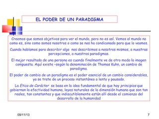 EL PODER DE UN PARADIGMA

Creemos que somos objetivos para ver el mundo, pero no es así. Vemos al mundo no
como es, sino como somos nosotros o como se nos ha condiconado para que lo veamos.
Cuando hablamos para describir algo nos describimos a nosotros mismos, a nuestras
percepciones, a nuestros paradigmas.
El mejor resultado de una persona es cuando finalmente ve de otro modo la imagen
compuesta. Aquí existe –según la denominación de Thomas Kuhn, un cambio de
paradigma.
El poder de cambio de un paradigma es el poder esencial de un cambio considerables,
ya se trate de un proceso instantáneo o lento y pausado.
La Etica de Carácter se basa en la idea fundamental de que hay principios que
gobiernan la efectividad humana, leyes naturales de la dimensión humana que son tan
reales, tan constantes y que indiscutiblemente están allí desde el comienzo del
desarrollo de la humanidad

09/11/13

7

 