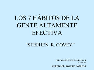 LOS 7 HÁBITOS DE LA
GENTE ALTAMENTE
EFECTIVA
“STEPHEN R. COVEY”

PREPARADO: MIGUEL MEDINA G
13 – SEP – 04

SUBIDO POR ROSARIO MORENO

 