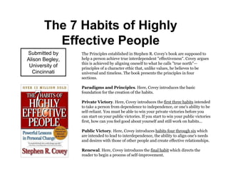 The 7 Habits of Highly
         Effective People
Submitted by     The Principles established in Stephen R. Covey’s book are supposed to
Alison Begley,   help a person achieve true interdependent "effectiveness". Covey argues
                 this is achieved by aligning oneself to what he calls "true north"—
 University of   principles of a character ethic that, unlike values, he believes to be
  Cincinnati     universal and timeless. The book presents the principles in four
                 sections.

                 Paradigms and Principles. Here, Covey introduces the basic
                 foundation for the creation of the habits.

                 Private Victory. Here, Covey introduces the first three habits intended
                 to take a person from dependence to independence, or one's ability to be
                 self-reliant. You must be able to win your private victories before you
                 can start on your public victories. If you start to win your public victories
                 first, how can you feel good about yourself and still work on habits...

                 Public Victory. Here, Covey introduces habits four through six which
                 are intended to lead to interdependence, the ability to align one's needs
                 and desires with those of other people and create effective relationships.

                 Renewal. Here, Covey introduces the final habit which directs the
                 reader to begin a process of self-improvement.
 