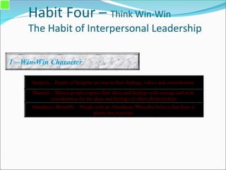 Habit Four – Think Win-Win
The Habit of Interpersonal Leadership
1 – Win-Win Character
Integrity – People of Integrity are true to their feelings, values and commitments.
Maturity – Mature people express their ideas and feelings with courage and with
consideration for the ideas and feelings of others.Relationships
Abundance Mentality – People with an Abundance Mentality believe that there is
plenty for everyone.
 