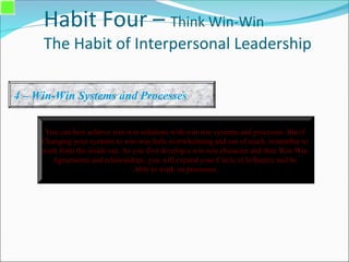 Habit Four – Think Win-Win
The Habit of Interpersonal Leadership
4 – Win-Win Systems and Processes
You can best achieve win-win solutions with win-win systems and processes. But if
Changing your systems to win-win feels overwhelming and out of reach, remember to
work from the inside out. As you first develop a win-win character and then Win-Win
Agreements and relationships, you will expand your Circle of Influence and be
Able to work on processes.
 