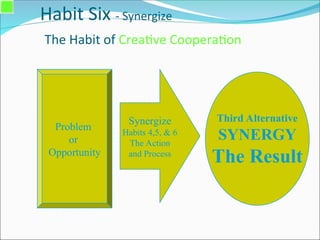 Habit Six - Synergize
The Habit of Creative Cooperation
Problem
or
Opportunity
Synergize
Habits 4,5, & 6
The Action
and Process
Third Alternative
SYNERGY
The Result
 
