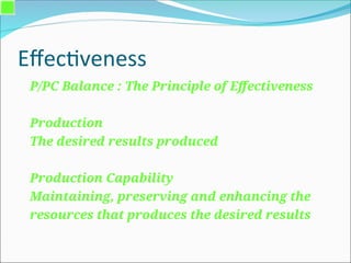 Effectiveness
P/PC Balance : The Principle of Effectiveness
Production
The desired results produced
Production Capability
Maintaining, preserving and enhancing the
resources that produces the desired results
 
