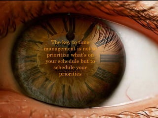 The key to time 
management is not to 
prioritize what’s on 
your schedule but to 
schedule your 
priorities 
 
