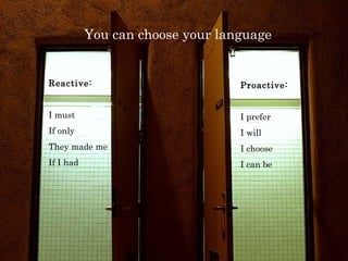 You can choose your language 
Reactive: 
I must 
If only 
They made me 
If I had 
Proactive: 
I prefer 
I will 
I choose 
I can be 
 