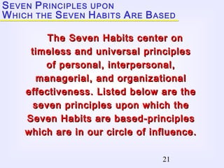 21
SEVEN PRINCIPLES UPON
WHICH THE SEVEN HABITS ARE BASED
The Seven Habits center onThe Seven Habits center on
timeless and universal principlestimeless and universal principles
of personal, interpersonal,of personal, interpersonal,
managerial, and organizationalmanagerial, and organizational
effectiveness. Listed below are theeffectiveness. Listed below are the
seven principles upon which theseven principles upon which the
Seven Habits are based-principlesSeven Habits are based-principles
which are in our circle of influence.which are in our circle of influence.
 