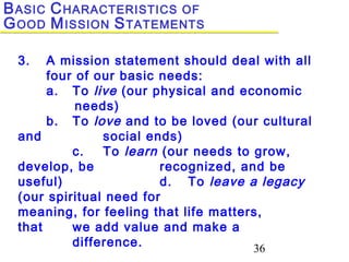 36
3. A mission statement should deal with all
four of our basic needs:
a. To live (our physical and economic
needs)
b. To love and to be loved (our cultural
and social ends)
c. To learn (our needs to grow,
develop, be recognized, and be
useful) d. To leave a legacy
(our spiritual need for
meaning, for feeling that life matters,
that we add value and make a
difference.
BASIC CHARACTERISTICS OF
GOOD MISSION STATEMENTS
 