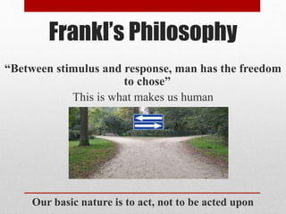 Frankl’s Philosophy
“Between stimulus and response, man has the freedom
to chose”
This is what makes us human
Our basic nature is to act, not to be acted upon
 