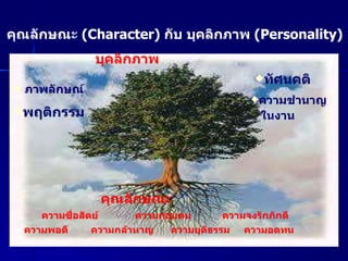 คุณลักษณะ  ( Character)   กับ บุคลิกภาพ   (Personality) บุคลิกภาพ คุณลักษณะ ความซื่อสัตย์  ความถ่อมตน  ความจงรักภักดี  ควา...