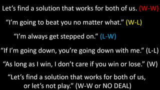 Let’s find a solution that works for both of us. (W-W)
“I’m going to beat you no matter what.” (W-L)
“I’m always get stepped on.” (L-W)
“If I’m going down, you’re going down with me.” (L-L)
“As long as I win, I don’t care if you win or lose.” (W)
“Let’s find a solution that works for both of us,
or let’s not play.” (W-W or NO DEAL)
 