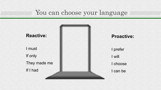 You can choose your language
Reactive:
I must
If only
They made me
If I had
Proactive:
I prefer
I will
I choose
I can be
 