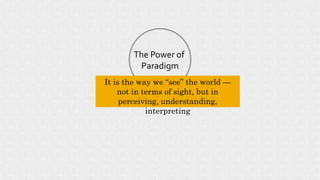 The Power of
Paradigm
It is the way we “see” the world —
not in terms of sight, but in
perceiving, understanding,
interpre...