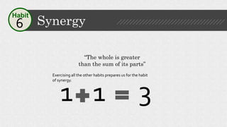 Synergy6
Habit
“The whole is greater
than the sum of its parts”
1 1 3
Exercising all the other habits prepares us for the ...
