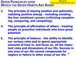 3. The principle of staying positive and optimistic,  radiating positive energy - including avoiding  the four emotional c...