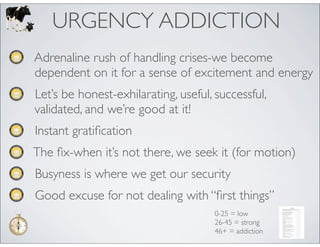 URGENCY ADDICTION
Adrenaline rush of handling crises-we become
dependent on it for a sense of excitement and energy
Let’s be honest-exhilarating, useful, successful,
validated, and we’re good at it!
Instant gratiﬁcation
The ﬁx-when it’s not there, we seek it (for motion)
Busyness is where we get our security
Good excuse for not dealing with “ﬁrst things”
                                      0-25 = low
                                      26-45 = strong
                                      46+ = addiction
 