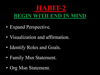 • Expand Perspective.
• Visualization and affirmation.
• Identify Roles and Goals.
• Family Msn Statement.
• Org Msn Statement.
HABIT-2
BEGIN WITH END IN MIND
 