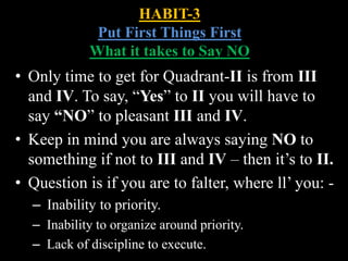 HABIT-3
Put First Things First
What it takes to Say NO
• Only time to get for Quadrant-II is from III
and IV. To say, “Yes” to II you will have to
say “NO” to pleasant III and IV.
• Keep in mind you are always saying NO to
something if not to III and IV – then it’s to II.
• Question is if you are to falter, where ll’ you: -
– Inability to priority.
– Inability to organize around priority.
– Lack of discipline to execute.
 