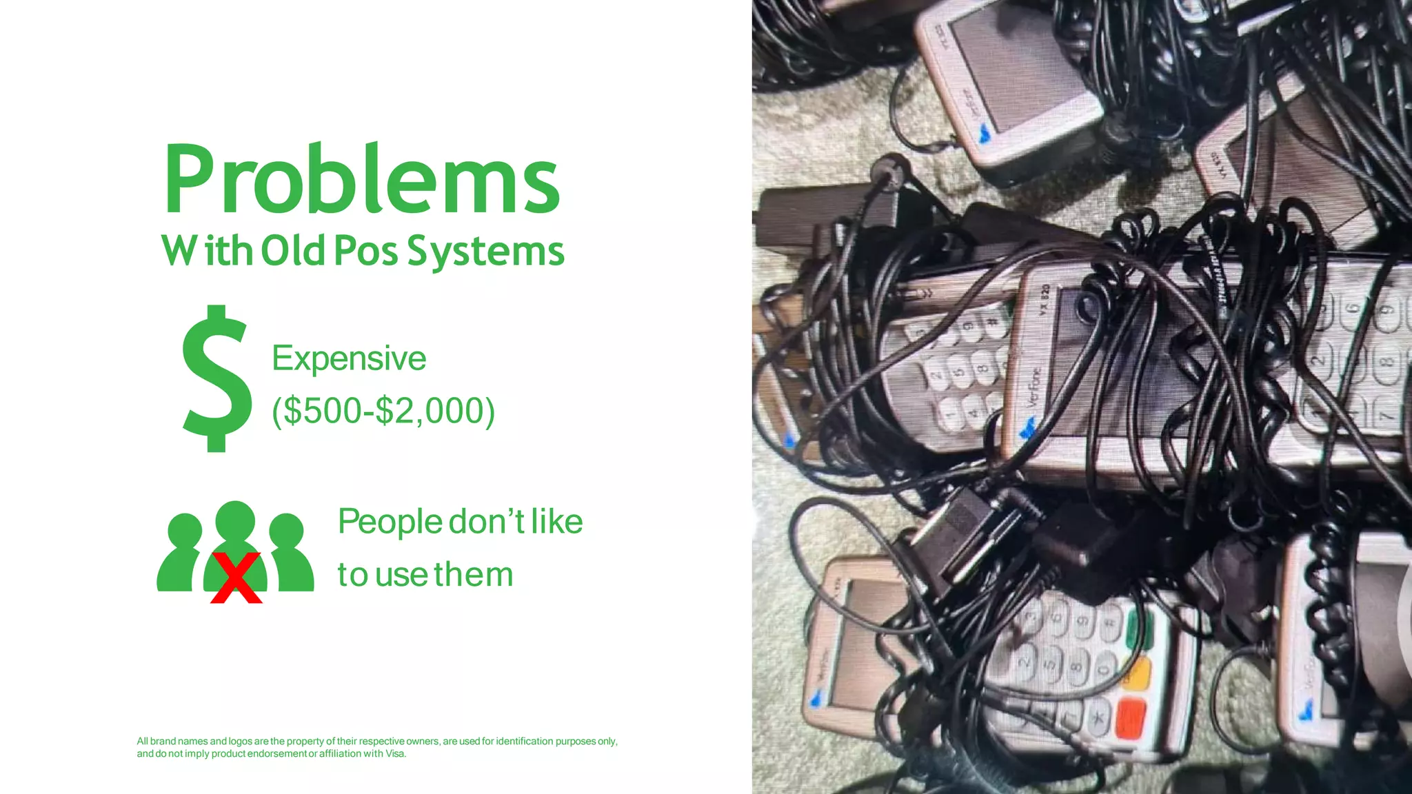 Expensive
($500-$2,000)
Peopledon’t like
to usethem
Problems
WithOldPos Systems
All brand names and logos are the property of their respectiveowners,are used for identification purposesonly,
anddo not imply product endorsementor affiliation with Visa.
$
x
 