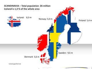 SCANDINAVIA – Total population 26 million
Iceland is 1,3 % of the whole area
Iceland: 0,3 m

Norway: 5,0 m

Sweden: 9,5 m
ddddddddddddddddddddd
Denmark 5,6 m
Iceland geothermal

Finland 5,4 m

 