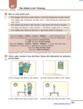 123
Stunde
47 Die Möbel in der Wohnung
 Höre zu und sprich nach.
Wir hängen das Foto an die Wand.— Das Foto hängt jetzt an der Wand.
Wir stellen den Computer auf den Tisch.— Der Computer steht jetzt auf
dem Tisch.
Wir setzen das Kind in den Sessel.— Das Kind sitzt jetzt im Sessel.
Wir legen die Bücher in den Schrank.— Die Bücher liegen jetzt im Schrank.
Wir stellen den Stuhl ins Zimmer.— Der Stuhl steht im Zimmer.
Дієслова «legen», «stellen», «setzen», «hängen» — слабкі (правильні) діє-
слова, вони вживаються з іменниками у знахідному відмінку (Akkusativ):
Ich lege das Buch auf den Tisch.
Er stellt das Buch in den Schrank.
Дієслова «liegen», «stehen», «sitzen», «hängen» — сильні дієслова, вони
вживаються з іменниками у давальному відмінку (Dativ):
Das Buch liegt auf dem Tisch.
Das Buch steht im Schrank.
 «Wo?» oder «wohin?»? Lies die Sätze. Nenne die Substantive im Akkusativ
und im Dativ.
a) Wir hängen das Bild an die Wand. b) Jetzt hängt das Bild an der Wand.
a) Wir stellen die Vase auf den Tisch. b) Jetzt steht die Vase auf dem Tisch.
www.e-ranok.com.ua
 