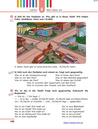 8 Hier leben wirLektion
140
 a) Sieh dir den Stadtplan an. Was gibt es in dieser Stadt? Wie heißen
Cafés, Kaufhäuser, Kinos usw.? Erzähle.
In dieser Stadt gibt es einen/eine/ein/viele... Er/Sie/Es heißt...
b) Seht euch den Stadtplan noch einmal an. Fragt euch gegenseitig.
Was ist an der Straßenkreuzung? Was ist hinter dem Kino?
Was ist vor dem Park? Was ist dem Bahnhof gegenüber?
Was ist neben der Post? Was ist neben der Kirche?
Was ist zwischen dem Supermarkt und dem Kino?
Was ist zwischen dem Theater und dem Kaufhaus?
 Wo ist das in der Stadt? Fragt euch gegenseitig. Gebraucht die
Redemittel.
— Wo ist... ? Wo liegt...?
— ... ist in der ...-straße. Er/Sie/Es heißt... Er/Sie/Es liegt an/neben/hinter/
vor... Er/Sie/Es ist zwischen ... und... Er/Sie/Es liegt ... gegenüber.
Wo ist ein Café? Wie heißt es? Wo ist eine Bibliothek?
Wo ist ein Hotel? Wie heißt es? Wo ist eine Schule?
Wo ist ein Club? Wie heißt er? Wo ist ein Supermarkt?
Wo ist ein Restaurant? Wie heißt es? Wo ist eine Kirche?
Wo ist eine Apotheke? Wo ist ein Denkmal?
www.e-ranok.com.ua
 