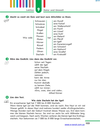 9 Natur und UmweltLektion
153
 Macht zu zweit ein Quiz und lasst eure Mitschüler es lösen.
Wie viele
Schnauzen
Schwänze
Schnäbel
Flügel
Krallen
Flossen
Pfoten
Hörner
Rüssel
Federn
Ohren
Stacheln
hat
ein Hund?
eine Katze?
ein Wellensittich?
ein Fisch?
ein Löwe?
eine Kuh?
ein Elefant?
ein Pferd?
ein Igel?
ein Kanarienvogel?
ein Schwein?
ein Nashorn?
eine Giraffe?
ein Krokodil?
 Höre das Gedicht. Lies dann das Gedicht vor.
Schon seit Tagen
zählt der Igel
seine Stacheln
auf dem Hügel.
Zählen jedoch,
weiowei,
kann der Arme
nur bis drei.
Kommt deshalb
zu keinem Ziele,
zählt nur immer:
«Eins, zwei, drei und viele».
Alfred Körner
 Lies den Text.
Wie viele Stacheln hat der Igel?
Ein erwachsener Igel hat 7 000 bis 8 000 Stacheln.
Wenn kleine Igel auf die Welt kommen, sind sie nackt. Ihre Haut ist mit viel
Wasser gefüllt. In dieser Haut sind mehrere hundert weiße «Erstlingsstacheln».
Wenige Stunden nach der Geburt trocknet dieses Wasser aus. Erst dann kom-
men die kleinen Stacheln hervor. Sie sind nur sechs bis acht Millimeter lang,
weich und biegsam. Nach sechs Wochen verlieren die kleinen Igel ihre Erstlings-
stacheln. Nun bekommen sie 7 000 bis 8 000 lange Erwachsenenstacheln.
www.e-ranok.com.ua
 