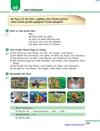155
Stunde
60 Mein Lieblingstier
das Pony (-s), das Futter, sorgfЉltig, reiten (ist/hat geritten),
traben (ist/hat getrabt), galoppieren (ist/hat galoppiert)
 Höre zu und sprich nach.
ABC,
die Katze läuft zur Höh’,
sie leckt ihr kaltes Pfötchen rein
und putzt sich auch das Näselein
und geht nicht mehr im Schnee.
 Was ist hier falsch? Sage es richtig.
1) Die Katze hat zwei Pfoten, ein Ohr, vier Augen, zwei Nasen.
2) Der Elefant hat zwei Rüssel, vier Ohren, ein Bein, ein Auge, zwei Schwänze.
3) Das Nashorn hat ein Bein, zwei Hörner, vier Schwänze, vier Köpfe.
4) Der Kanarienvogel hat viele Schnäbel, eine Feder, zwei Schwänze, einen
Flügel.
5) Die Forelle hat eine Flosse, zwei Köpfe, ein Auge, zwei Schwänze.
6) Der Igel hat zwei Beine, vier Augen, viele Nasen, einen Stachel.
 Beschreibe die Tiere.
Das ist ein/eine…
Er/Sie/Es hat … einen/eine/ein…, zwei…, viele…
Sein(e)/Ihr(e) … ist…
Er/Sie/Es lebt…
www.e-ranok.com.ua
 