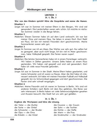 184
Hörübungen und -texte
LEKTION 1
St. 1, Üb. 5
Wer von den Kindern spricht? Höre die Gespräche und nenne die Namen.
Situation 1
Junge: Ich war im Sommer mit meinen Eltern in den Bergen. Wir sind viel
gewandert. Die Landschaften waren sehr schön. Ich möchte im nächs-
ten Sommer wieder in die Berge fahren.
Situation 2
Mädchen: Diesen Sommer habe ich auf dem Land verbracht. Ich war bei
meiner Oma und meinem Opa. Sie leben in einem Dorf. Dort fließt
ein Fluss. Ich bin mit meinen Freunden dort geschwommen. Meine
Sommerferien waren sehr gut.
Situation 3
Junge: Im Sommer war ich am Meer. Das Wetter war sehr gut. Nur selten hat
es geregnet, aber auch nicht lange. Ich bin viel im Meer geschwom-
men, habe Volleyball gespielt. Die Ferien waren super!
Situation 4
Mädchen: Die letzten Sommerferien habe ich in einem Ferienlager verbracht.
Wir haben in Zelten gewohnt. Unsere Zelte haben an einem Fluss
gestanden. Wir haben viel gespielt und sind viel gewandert. Dort
habe ich viele neue Freunde gefunden.
Situation 5
Junge: Ich war im Sommer in der Stadt. Meine Eltern haben gearbeitet, und
meine Schwester und ich waren zu Hause. Aber die Zeit habe ich inte-
ressant verbracht. Ich habe mit meinen Freunden Fußball und Volleyball
gespielt, bin ins Schwimmbad gegangen und dort geschwommen. Die
Ferien sind sehr schnell vergangen.
Situation 6
Mädchen: Meine Freundin und ich waren im Sommer in Berlin. Wir sind mit
anderen Schülern nach Berlin mit dem Bus gefahren. Die Reise war
sehr interessant. In Berlin haben wir viele Sehenswürdigkeiten gesehen
und Museen besucht. Die Stadt hat uns sehr gut gefallen.
St. 5, Üb. 1
Ergänze die Wortpaare und höre die Lösung.
der Vater — die Mutter die Cousine — der Cousin
die Tante — der Onkel der Sohn — die Tochter
die Schwester — der Bruder die Nichte — der Neffe
der Opa — die Oma der Mann — die Frau
die Enkelin — der Enkel die Großmutter — der Großvater
www.e-ranok.com.ua
 