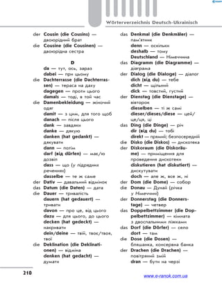 210
Wörterverzeichnis Deutsch-Ukrainisch
der Cousin (die Cousins) —
двоюрідний брат
die Cousine (die Cousinen) —
двоюрідна сестра
D
da — тут, ось, зараз
dabei — при цьому
die Dachterrasse (die Dachterras-
sen) — тераса на даху
dagegen — проти цього
damals — тоді, в той час
die Damenbekleidung — жіночий
одяг
damit — з цим, для того щоб
danach — після цього
dank — завдяки
danke — дякую
danken (hat gedankt) —
дякувати
dann — потім
darf (від dürfen) — має/ю
дозвіл
dass — що (у підрядних
реченнях)
dasselbe — те ж саме
der Dativ — давальний відмінок
das Datum (die Daten) — дата
die Dauer — тривалість
dauern (hat gedauert) —
тривати
davon — про це, від цього
dazu — для цього, до цього
decken (hat gedeckt) —
накривати
dein/deine — твій, твоє/твоя,
твої
die Deklination (die Deklinati-
onen) — відміна
denken (hat gedacht) —
думати
das Denkmal (die Denkmäler) —
пам’ятник
denn — оскільки
deshalb — тому
Deutschland — Німеччина
das Diagramm (die Diagramme) —
діаграма
der Dialog (die Dialoge) — діалог
dich (від du) — тебе
dicht — щільний
dick — товстий, густий
der Dienstag (die Dienstage) —
вівторок
dieselben — ті ж самі
dieser/dieses/diese — цей/
це/ця, ці
das Ding (die Dinge) — річ
dir (від du) — тобі
direkt — прямий; безпосередній
die Disko (die Diskos) — дискотека
der Diskoraum (die Diskoräu-
me) — приміщення для
проведення дискотеки
diskutieren (hat diskutiert) —
дискутувати
doch — але ж, все ж, ні
der Dom (die Dome) — собор
die Donau — Дунай (річка
у Німеччині)
der Donnerstag (die Donners-
tage) — четвер
das Doppelbettzimmer (die Dop-
pelbettzimmer) — кімната
з двоспальними ліжками
das Dorf (die Dörfer) — село
dort — там
die Dose (die Dosen) —
бляшанка, консервна банка
der Drachen (die Drachen) —
повітряний змій
dran — бути на черзі
www.e-ranok.com.ua
 