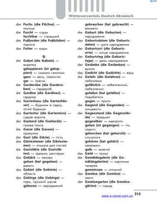 215
Wörterverzeichnis Deutsch-Ukrainisch
der Fuchs (die Füchse) —
лисиця
die Furcht — страх
furchtbar — страшний
der Fußboden (die Fußböden) —
підлога
das Futter — корм
G
die Gabel (die Gabeln) —
виделка
galoppieren (ist galop-
piert) — скакати галопом
ganz — весь, повністю
gar — зовсім
die Garderobe (die Gardero-
ben) — гардероб
die Gardine (die Gardinen) —
гардина
das Gartenhaus (die Gartenhäu-
ser) — будинок в садку,
літній будинок
das Gartentor (die Gartentore) —
садові ворота
der Gasherd (die Gasherde) —
газова плита
die Gasse (die Gassen) —
провулок
der Gast (die Gäste) — гість
das Gästezimmer (die Gästezim-
mer) — кімната для гостей
die Gaststätte (die Gaststät-
ten) — їдальня, ресторан
das Gebäck — печиво
geben (hat gegeben) —
давати
das Gebiet (die Gebiete) —
область
das Gebirge (die Gebirge) —
гори, гірський масив
geboren — народжений
gebrauchen (hat gebraucht) —
вживати
die Geburt (die Geburten) —
народження
das Geburtsdatum (die Geburts-
daten) — дата народження
der Geburtsort (die Geburts-
orte) — місце народження
der Geburtstag (die Geburts-
tage) — день народження
der Gedanke (die Gedanken) —
думка
das Gedicht (die Gedichte) — вірш
die Gefahr (die Gefahren) —
небезпека
gefährlich — небезпечний,
небезпечно
gefallen (hat gefallen) —
подобатися
gegen — проти
die Gegend (die Gegenden) —
місцевість
der Gegenstand (die Gegenstän-
de) — предмет
gegenüber — навпроти
gehen (ist gegangen) — іти,
ходити
gehorchen (hat gehorcht) —
слухатися
gehören (hat gehört) —
належати
gelb — жовтий
das Geld — гроші
die Gemäldegalerie (die Ge-
mäldegalerien) — картинна
галерея
gemeinsam — спільний
das Gemüse (die Gemüse) —
овочі
der Gemüsegarten (die Gemüse-
gärten) — город
www.e-ranok.com.ua
 