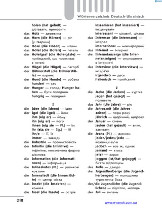 218
Wörterverzeichnis Deutsch-Ukrainisch
holen (hat geholt) —
діставати, приносити
das Holz — деревина
das Horn (die Hörner) — ріг
(у тварини)
die Hose (die Hosen) — штани
das Hotel (die Hotels) — готель
der Hotelgast (die Hotelgäste) —
приїжджий, що проживає
в готелі
der Hügel (die Hügel) — пагорб
der Hühnerstall (die Hühnerstäl-
le) — курник
der Hund (die Hunde) — собака
hundert — сто
der Hunger — голод; Hunger ha-
ben — бути голодним
hungrig — голодний
I
die Idee (die Ideen) — ідея
der Igel (die Igel) — їжак
ihm (від er) — йому
ihn (від er) — його
ihnen (від sie — Pl.) — їм
ihr (від sie — Sg.) — їй
ihr/e — її, їх
immer — завжди
die Industrie — промисловість
der Infinitiv (die Infinitive) —
інфінітив, неозначена форма
дієслова
die Information (die Informati-
onen) — інформація
die Inlineskates (Pl.) — роликові
ковзани
die Innenstadt (die Innenstäd-
te) — центр міста
das Insekt (die Insekten) —
комаха
die Insel (die Inseln) — острів
inszenieren (hat inszeniert) —
інсценувати
interessant — цікавий, цікаво
das Interesse (die Interessen) —
інтерес
international — міжнародний
das Internet — Інтернет
die Internetanzeige (die Inter-
netanzeigen) — оголошення
в Інтернеті
das Interview (die Interviews) —
інтерв’ю
irgendwo — десь
italienisch — італійський
J
die Jacke (die Jacken) — куртка
jagen (hat gejagt) —
полювати
das Jahr (die Jahre) — рік
die Jahreszeit (die Jahres-
zeiten) — пора року
jährlich — щорічний, щороку
der Januar — січень
jaulen (hat gejault) — вити,
завивати
die Jeans (Pl.) — джинси
jeder/jedes/jede —
кожний/-е/-а
jedoch — все ж, однак
jemand — хтось
jetzt — зараз
joggen (ist/hat gejoggt) —
бігати підтюпцем
das Judo — дзюдо
die Jugendherberge (die Jugend-
herbergen) — молодіжна
туристична база
der/die Jugendliche (die Jugend-
lichen) — підліток, молодь
der Juli — липень
www.e-ranok.com.ua
 
