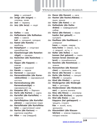 219
Wörterverzeichnis Deutsch-Ukrainisch
jung — молодий
der Junge (die Jungen) —
хлопець, юнак
der Juni — червень
die Jury (die Jurys) — журі
K
der Kaffee — кава
die Kaffeekanne (die Kaffeekan-
nen) — кавник
kalt — холодний, холодно
das Kamel (die Kamele) —
верблюд
der Kampfsport — спортивні
єдиноборства
der Kanarienvogel (die Kanarien-
vögel) — канарка
das Kaninchen (die Kaninchen) —
кролик
die Kappe (die Kappen) —
ковпак
kaputt — зламаний
das Karate — карате
der Karneval — карнавал
das Karnevalskostüm (die Karne-
valskostüme) — карнавальний
костюм
der Karnevalsumzug (die
Karnevalsumzüge) —
карнавальний хід
die Karpaten (Pl.) — Карпати
die Karte (die Karten) — карта
die Kartoffel (die Kartoffeln) —
картопля
das Kartoffelpüree (die Kartoffel-
pürees) — картопляне пюре
der Kartoffelsalat (die Kartoffelsa-
late) — картопляний салат
der Karton (die Kartons) —
картонна коробка
der Käse — сир (твердий)
die Kasse (die Kassen) — каса
der Kasten (die Kasten/Kästen) —
ящик, рамка
der Kater (die Kater) — кіт
die Kathedrale (die Kathe-
dralen) — кафедральний
собор
die Katze (die Katzen) — кішка
kaufen (hat gekauft) —
купувати
das Kaufhaus (die Kaufhäuser) —
універмаг
kaum — ледве, навряд
kein/keine — ніякий, -е/-а,
-і; жодний, -е/-а, -і
der Keller (die Keller) — льох
kennen (hat gekannt) — знати
kennen lernen (kennen ge-
lernt) — познайомитися
die Kenntnis (die Kenntnisse) —
знання
das Kennzeichen (die Kennzei-
chen) — прикмета, знак
die Kerze (die Kerzen) — свічка
die Kette (die Ketten) — ланцюг
kikeriki — кукуріку
das Kind (die Kinder) — дитина
der Kindergarten (die Kindergär-
ten) — дитсадок
das Kinderzimmer (die Kinderzim-
mer) — дитяча кімната
das Kino (die Kinos) — кінотеатр
die Kirche (die Kirchen) — церква
die Kiwi (die Kiwis) — ківі
klappern (hat geklappert) —
тріщати, стукати
klar — ясний, ясно,
зрозуміло
die Klassenfahrt (die Klassen-
fahrten) — класна подорож,
поїздка класом
www.e-ranok.com.ua
 