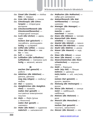 222
Wörterverzeichnis Deutsch-Ukrainisch
das Lineal (die Lineale) — лінійка
links — ліворуч
die Liste (die Listen) — список
das Literaturquiz (die Litera-
turquiz) — літературна
вікторина
der Literaturwettbewerb (die
Literaturwettbewerbe) —
літературний конкурс
das Loch (die Löcher) — дірка,
нора
lockern (hat gelockert) —
послабляти, розпушувати
lockig — кучерявий
der Löffel (die Löffel) — ложка
der Löwe (die Löwen) — лев
los — геть
die Luft — повітря
der Luftballon (die Luftballons/
Luftballone) — повітряна куля
lustig — веселий, весело
M
machen (hat gemacht) —
робити
das Mädchen (die Mädchen) —
дівчина, дівчинка
mag (від mögen) — любить/
люблю
der Mai — травень
das Maiglöckchen (die Maiglöck-
chen) — конвалія
mailen (hat gemailt) —
листуватися електронною
поштою
der Main — Майн (річка
у Німеччині)
malen (hat gemalt) —
малювати
der Maler (die Maler) — художник
malerisch — мальовничий
der Malkasten (die Malkasten) —
набір для малювання
der Malwettbewerb (die Mal-
wettbewerbe) — конкурс
малюнку
der Manager (die Manager) —
менеджер
manche — деякі
manchmal — інколи
der Mann (die Männer) — чоловік
die Mannschaft (die Mann-
schaften) — команда
der Mantel (die Mäntel) — пальто
das Märchen (die Märchen) — казка
der Markt (die Märkte) — ринок
die Mauer (die Mauern) — мур,
стіна
die Maus (die Mäuse) — миша
das Meer (die Meere) — море
das Meerschweinchen (die Meer-
schweinchen) — морська
свинка
das Mehl — борошно
mehr (від viel) — більше
mehrere — декілька
mein/meine — мій, моє/моя,
мої
meinen (hat gemeint) —
думати, вважати
die Meinung (die Meinungen) —
думка
die Meise (die Meisen) — синиця
meist — найбільший,
найбільше
die Melone (die Melonen) —
диня
der Mensch (die Menschen) —
людина
merken (hat gemerkt) —
помічати, запам’ятати
das Messer (die Messer) — ніж
www.e-ranok.com.ua
 