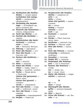 224
Wörterverzeichnis Deutsch-Ukrainisch
das Nachbarland (die Nachbar-
länder) — сусідня країна
nach¦denken (hat nachge-
dacht) — роздумувати,
обмірковувати
der Nachmittag (die Nachmit-
tage) — післяобідній час,
друга половина дня
die Nachricht (die Nachrichten) —
новина, повідомлення
die Nacht (die Nächte) — ніч
der Nachteil (die Nachteile) —
недолік
das Nachttischchen (die Nacht-
tischchen) — тумбочка
nackt — голий
nah — близький, близько
die Nahrung — харчування
der Name (die Namen) — ім’я
die Nase (die Nasen) — ніс
(частина тіла)
das Nashorn (die Nashörner) —
носоріг
nass — вологий
die Natur — природа
der Nebel (die Nebel) — туман
neben — поряд, поруч з
neblig — туманний, туманно
der Neckar — Некар (річка
у Німеччині)
nehmen (hat genommen) —
брати, взяти
nennen (hat genannt) —
називати
nervös — знервований
das Nest (die Nester) — гніздо
nett — люб’язний, милий
das Netz (die Netze) — сітка,
мережа
neugeboren — новонароджений
das Neujahr — Новий рік
die Neujahrsnacht (die Neujahrs-
nächte) — новорічна ніч
nicht — не
nichts — нічого
nicken (hat genickt) — кивати
головою
nie — ніколи
niedrig — низький
niemand — ніхто
noch — ще
der Nominativ — називний
відмінок
der Norden — Північ (частина
світу); північ
der Nordosten — північний схід
die Nordsee — Північне море
die Note (die Noten) — оцінка,
нота
die Notiz (die Notizen) — нотатка
notwendig — необхідний,
необхідно
der November — листопад
die Nudeln (Pl.) — локшина
die Nudelsuppe (die Nudelsup-
pen) — суп із локшиною
die Nummer (die Nummern) —
номер
nun — тепер, ось
nur — лише, тільки
die Nüster (die Nüstern) — ніздря
nützlich — корисний
O
ob — чи
oben — нагорі
der Oberbegriff (die Oberbe-
griffe) — загальна (родова)
назва
das Obst — фрукти
der Ochse (die Ochsen) — віл, бик
oder — чи
www.e-ranok.com.ua
 