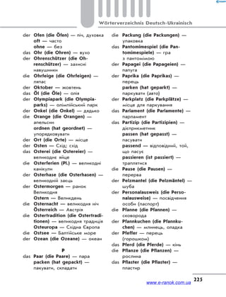 225
Wörterverzeichnis Deutsch-Ukrainisch
der Ofen (die Öfen) — піч, духовка
oft — часто
ohne — без
das Ohr (die Ohren) — вухо
der Ohrenschützer (die Oh-
renschützer) — захисні
навушники
die Ohrfeige (die Ohrfeigen) —
ляпас
der Oktober — жовтень
das Öl (die Öle) — олія
der Olympiapark (die Olympia-
parks) — олімпійський парк
der Onkel (die Onkel) — дядько
die Orange (die Orangen) —
апельсин
ordnen (hat geordnet) —
упорядковувати
der Ort (die Orte) — місце
der Osten — Схід; схід
das Osterei (die Ostereier) —
великоднє яйце
die Osterferien (Pl.) — великодні
канікули
der Osterhase (die Osterhasen) —
великодній заєць
der Ostermorgen — ранок
Великодня
Ostern — Великдень
die Osternacht — великодня ніч
Österreich — Австрія
die Ostertradition (die Ostertradi-
tionen) — великодня традиція
Osteuropa — Східна Європа
die Ostsee — Балтійське море
der Ozean (die Ozeane) — океан
P
das Paar (die Paare) — пара
packen (hat gepackt) —
пакувати, складати
die Packung (die Packungen) —
упаковка
das Pantomimespiel (die Pan-
tomimespiele) — гра
з пантомімою
der Papagei (die Papageien) —
папуга
der Paprika (die Paprikas) —
перець
parken (hat geparkt) —
паркувати (авто)
der Parkplatz (die Parkplätze) —
місце для паркування
das Parlament (die Parlamente) —
парламент
das Partizip (die Partizipien) —
дієприкметник
passen (hat gepasst) —
пасувати
passend — відповідний, той,
що пасує
passieren (ist passiert) —
траплятися
die Pause (die Pausen) —
перерва
der Pelzmantel (die Pelzmäntel) —
шуба
der Personalausweis (die Perso-
nalausweise) — посвідчення
особи (паспорт)
die Pfanne (die Pfannen) —
сковорода
der Pfannkuchen (die Pfannku-
chen) — млинець, оладка
der Pfeffer — перець
(горошком)
das Pferd (die Pferde) — кінь
die Pflanze (die Pflanzen) —
рослина
das Pflaster (die Pflaster) —
пластир
www.e-ranok.com.ua
 