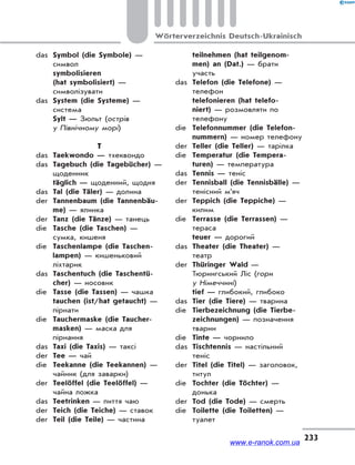 233
Wörterverzeichnis Deutsch-Ukrainisch
das Symbol (die Symbole) —
символ
symbolisieren
(hat symbolisiert) —
символізувати
das System (die Systeme) —
система
Sylt — Зюльт (острів
у Північному морі)
T
das Taekwondo — тхеквондо
das Tagebuch (die Tagebücher) —
щоденник
täglich — щоденний, щодня
das Tal (die Täler) — долина
der Tannenbaum (die Tannenbäu-
me) — ялинка
der Tanz (die Tänze) — танець
die Tasche (die Taschen) —
сумка, кишеня
die Taschenlampe (die Taschen-
lampen) — кишеньковий
ліхтарик
das Taschentuch (die Taschentü-
cher) — носовик
die Tasse (die Tassen) — чашка
tauchen (ist/hat getaucht) —
пірнати
die Tauchermaske (die Taucher-
masken) — маска для
пірнання
das Taxi (die Taxis) — таксі
der Tee — чай
die Teekanne (die Teekannen) —
чайник (для заварки)
der Teelöffel (die Teelöffel) —
чайна ложка
das Teetrinken — пиття чаю
der Teich (die Teiche) — ставок
der Teil (die Teile) — частина
teilnehmen (hat teilgenom-
men) an (Dat.) — брати
участь
das Telefon (die Telefone) —
телефон
telefonieren (hat telefo-
niert) — розмовляти по
телефону
die Telefonnummer (die Telefon-
nummern) — номер телефону
der Teller (die Teller) — тарілка
die Temperatur (die Tempera-
turen) — температура
das Tennis — теніс
der Tennisball (die Tennisbälle) —
тенісний м’яч
der Teppich (die Teppiche) —
килим
die Terrasse (die Terrassen) —
тераса
teuer — дорогий
das Theater (die Theater) —
театр
der Thüringer Wald —
Тюрингський Ліс (гори
у Німеччині)
tief — глибокий, глибоко
das Tier (die Tiere) — тварина
die Tierbezeichnung (die Tierbe-
zeichnungen) — позначення
тварин
die Tinte — чорнило
das Tischtennis — настільний
теніс
der Titel (die Titel) — заголовок,
титул
die Tochter (die Töchter) —
донька
der Tod (die Tode) — смерть
die Toilette (die Toiletten) —
туалет
www.e-ranok.com.ua
 
