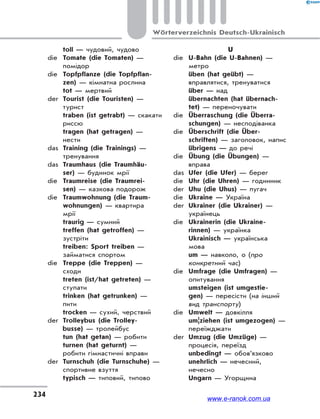 234
Wörterverzeichnis Deutsch-Ukrainisch
toll — чудовий, чудово
die Tomate (die Tomaten) —
помідор
die Topfpflanze (die Topfpflan-
zen) — кімнатна рослина
tot — мертвий
der Tourist (die Touristen) —
турист
traben (ist getrabt) — скакати
риссю
tragen (hat getragen) —
нести
das Training (die Trainings) —
тренування
das Traumhaus (die Traumhäu-
ser) — будинок мрії
die Traumreise (die Traumrei-
sen) — казкова подорож
die Traumwohnung (die Traum-
wohnungen) — квартира
мрії
traurig — сумний
treffen (hat getroffen) —
зустріти
treiben: Sport treiben —
займатися спортом
die Treppe (die Treppen) —
сходи
treten (ist/hat getreten) —
ступати
trinken (hat getrunken) —
пити
trocken — сухий, черствий
der Trolleybus (die Trolley-
busse) — тролейбус
tun (hat getan) — робити
turnen (hat geturnt) —
робити гімнастичні вправи
der Turnschuh (die Turnschuhe) —
спортивне взуття
typisch — типовий, типово
U
die U-Bahn (die U-Bahnen) —
метро
üben (hat geübt) —
вправлятися, тренуватися
über — над
übernachten (hat übernach-
tet) — переночувати
die Überraschung (die Überra-
schungen) — несподіванка
die Überschrift (die Über-
schriften) — заголовок, напис
übrigens — до речі
die Übung (die Übungen) —
вправа
das Ufer (die Ufer) — берег
die Uhr (die Uhren) — годинник
der Uhu (die Uhus) — пугач
die Ukraine — Україна
der Ukrainer (die Ukrainer) —
українець
die Ukrainerin (die Ukraine-
rinnen) — українка
Ukrainisch — українська
мова
um — навколо, о (про
конкретний час)
die Umfrage (die Umfragen) —
опитування
umsteigen (ist umgestie-
gen) — пересісти (на інший
вид транспорту)
die Umwelt — довкілля
um|ziehen (ist umgezogen) —
переїжджати
der Umzug (die Umzüge) —
процесія, переїзд
unbedingt — обов’язково
unehrlich — нечесний,
нечесно
Ungarn — Угорщина
www.e-ranok.com.ua
 