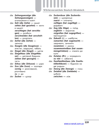 239
Wörterverzeichnis Deutsch-Ukrainisch
die Zeitungsanzeige (die
Zeitungsanzeigen) —
оголошення в газеті
das Zelt (die Zelte) — намет
zelten (hat gezeltet) — жити
в наметі
zerschlagen (hat zerschla-
gen) — розбити
zerschneiden (hat zerschnit-
ten) — розрізати
der Zettel (die Zettel) —
записка
das Zeugnis (die Zeugnisse) —
атестат, свідоцтво, табель
der Ziegel (die Ziegel) — цегла
das Ziegelhaus (die Ziegelhäu-
ser) — цегляний будинок
ziehen (hat gezogen) —
тягти
der Zirkus (die Zirkusse) — цирк
der Zoo (die Zoos) — зоопарк
zornig — розгніваний,
розгнівано
zu — до
der Zucker — цукор
die Zuckerdose (die Zuckerdo-
sen) — цукорниця
zuerst — спочатку
zu|fügen (hat zugefügt) —
додавати
der Zug (die Züge) — поїзд
zugleich — водночас
zu|greifen (hat zugegriffen) —
пригощатися
die Zukunft (-) — майбутнє
zumachen (hat zugemacht) —
закривати, зачиняти
zusammen — разом
zusammentreiben (hat zusam-
mengetrieben) — зганяти до
купи
die Zutaten (Pl.) — інгредієнти
zu viel — забагато
das Zweifamilienhaus (die Zweifa-
milienhäuser) — будинок на
дві родини
der Zwerg (die Zwerge) — гном
die Zwiebel (die Zwiebeln) —
цибуля
zwischen — між
www.e-ranok.com.ua
 