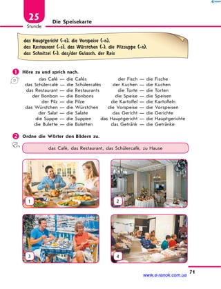 71
Stunde
25 Die Speisekarte
das Hauptgericht (-e), die Vorspeise (-n),
das Restaurant (-s), das WЋrstchen (-), die Pilzsuppe (-n),
das Schnitzel (-), das/der Gulasch, der Reis
 Höre zu und sprich nach.
das Café — die Cafés der Fisch — die Fische
das Schülercafé — die Schülercafés der Kuchen — die Kuchen
das Restaurant — die Restaurants die Torte — die Torten
der Bonbon — die Bonbons die Speise — die Speisen
der Pilz — die Pilze die Kartoffel — die Kartoffeln
das Würstchen — die Würstchen die Vorspeise — die Vorspeisen
der Salat — die Salate das Gericht — die Gerichte
die Suppe — die Suppen das Hauptgericht — die Hauptgerichte
die Bulette — die Buletten das Getränk — die Getränke
 Ordne die Wörter den Bildern zu.
das Café, das Restaurant, das Schülercafé, zu Hause
1 2
3 4
www.e-ranok.com.ua
 
