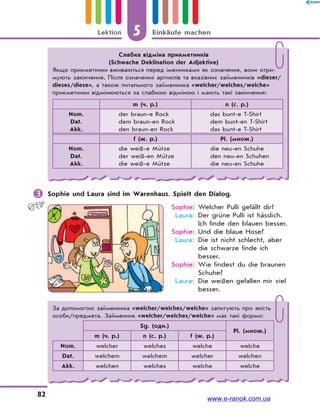 5 Einkäufe machenLektion
82
 Sophie und Laura sind im Warenhaus. Spielt den Dialog.
Sophie: Welcher Pulli gefällt dir?
Laura: Der grüne Pulli ist hässlich.
Ich finde den blauen besser.
Sophie: Und die blaue Hose?
Laura: Die ist nicht schlecht, aber
die schwarze finde ich
besser.
Sophie: Wie findest du die braunen
Schuhe?
Laura: Die weißen gefallen mir viel
besser.
Слабка відміна прикметників
(Schwache Deklination der Adjektive)
Якщо прикметники вживаються перед іменниками як означення, вони отри-
мують закінчення. Після означених артиклів та вказівних займенників «dieser/
dieses/diese», а також питального займенника «welcher/welches/welche»
прикметники відмінюються за слабкою відміною і мають такі закінчення:
m (ч. р.) n (с. р.)
Nom.
Dat.
Akk.
der braun-e Rock
dem braun-en Rock
den braun-en Rock
das bunt-e T-Shirt
dem bunt-en T-Shirt
das bunt-e T-Shirt
f (ж. р.) Pl. (множ.)
Nom.
Dat.
Akk.
die weiß-e Mütze
der weiß-en Mütze
die weiß-e Mütze
die neu-en Schuhe
den neu-en Schuhen
die neu-en Schuhe
За допомогою займенника «welcher/welches/welche» запитують про якість
особи/предмета. Займенник «welcher/welches/welche» має такі форми:
Sg. (одн.)
Pl. (множ.)
m (ч. р.) n (с. р.) f (ж. р.)
Nom. welcher welches welche welche
Dat. welchem welchem welcher welchen
Akk. welchen welches welche welche
www.e-ranok.com.ua
 