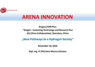 ARENA INNOVATION
Dragon-STAR Plus:
"Dragon - Sustaining Technology and Research Plus
(EU-China Collaboration), Shenzhen, China
„New Pathways to a Hydrogen Society“
November 16, 2016
Dipl.-Ing. IT (FH) Hans Marius Schuster
 