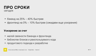 ПРО СРОКИ
Как мы жили до БЭМа и к чему пришли с ним • Воищев Иван • Factory.mn 52 / 61
сегодня
• бэкенд на 25% – 40% быстрее
• фронтенд на 0% – 10% быстрее (ожидаем еще ускорения)
Ускорение за счет
• малой связности бэкенда и фронтенда
• библиотек блоков и реиспользуемого кода
• продуктового подхода к разработке
 
