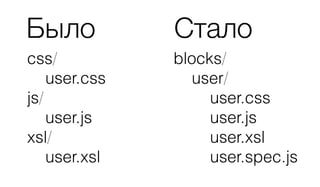 Было Стало
css/
user.css
js/
user.js
xsl/
user.xsl
blocks/
user/
user.css
user.js
user.xsl
user.spec.js
 